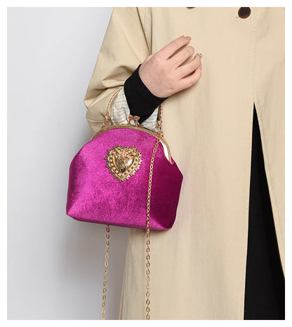 Velvet Frame Heart Dinner Hand Bags Diamonds Chains High Quality Shoulder and Crossbody Bags for Women 2024 Fashion Hot Sale