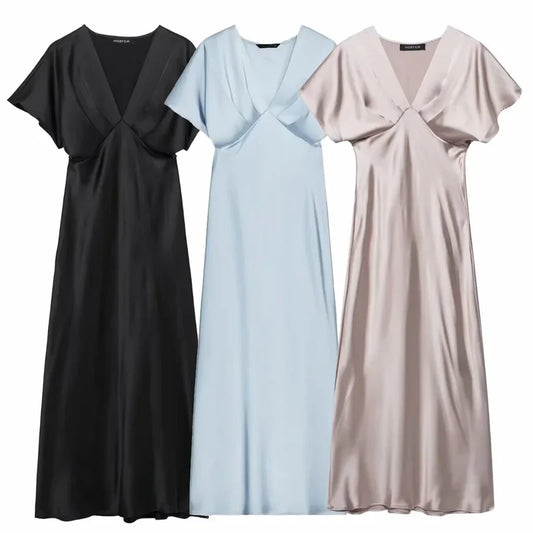 Midi Satin Dress Womens Dresses Black Khaki Blue Dress Summer 2025 Woman Ruffled V-Neck Bat Sleeve Vestido Party Dress 066