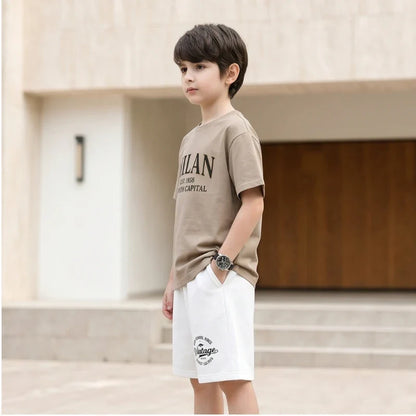 Summer Boys Cotton T-Shirt Shorts Set Casual Kids Milan Graphic Print Short Sleeve Suit Children's Outfit 2026 ML1