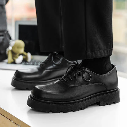 Men's Formal Shoes with Flat Heel Low Top Lace-up Solid Color Thick Sole Unique and Fashionable New Style Leather Shoes