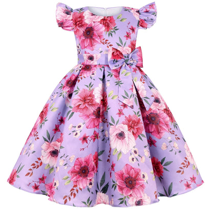Cross-border special summer burst dress girls printed waist wedding dress flower girl short-sleeved princess puffy skirt
