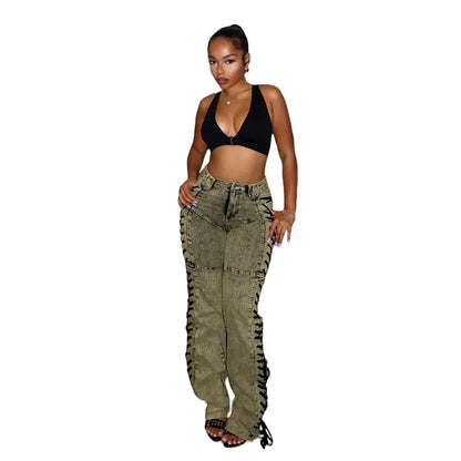 Spliced Draw String Denim Ankle Length Pants