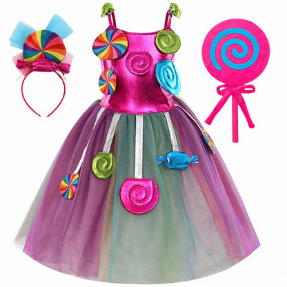 New Sweet Lollipop Candy Girl Dress Carnival Party Little Kids Birthday Costume Fancy Rainbow Tutu Children Wedding Clothes