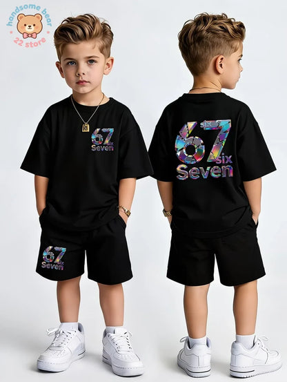 Boys Sets 67 Funny Print Kids T-Shirt Shorts Pant Set Casual Italian Brainrot Summer Top Suit for Funny Gift Children's Clothing