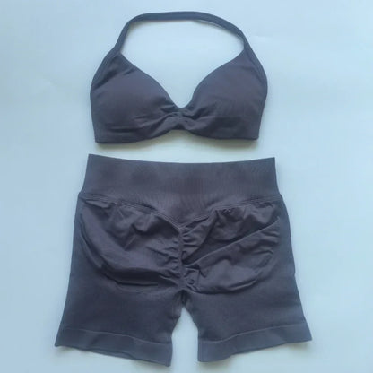 NO LOGO 2PCS Gym Set Women Strappy Yoga Bra Top High Waist Workout Scrunch Shorts Sports Suit Seamless Yoga Set Fitness Clothes