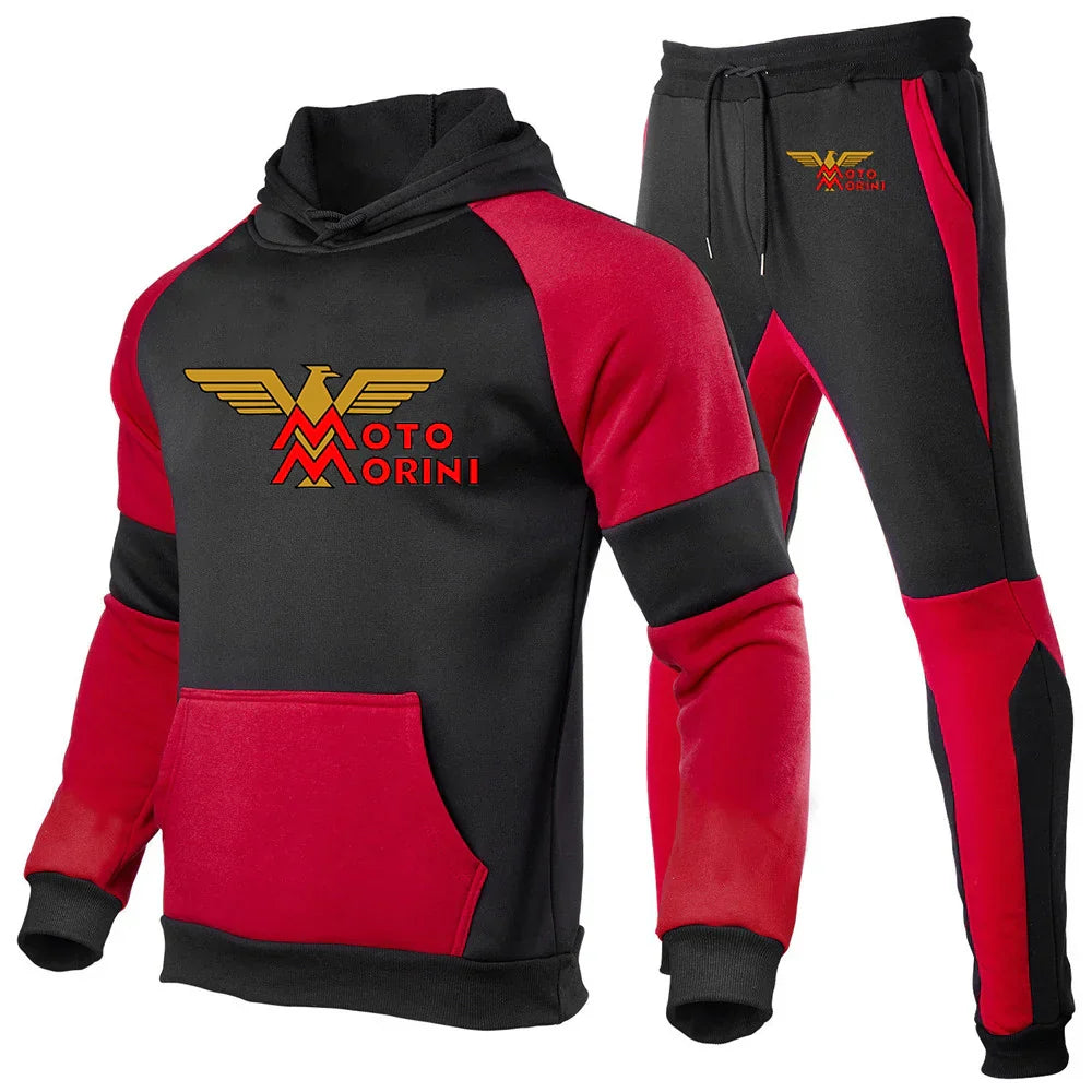 2024 Spring Autumn Men's Moto Morini Logo Print Sports Splicing Cotton Hooded Tracksuit+Jogging Sweatpants Trend Comfortable Set