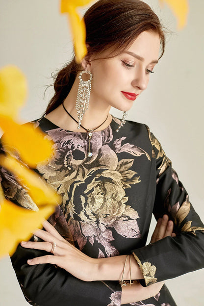 Luxury Women Long Maxi Jacquard Dress Spring Autumn Boho Floral Fashion Clothing Ladies Party Evening Ball Gown