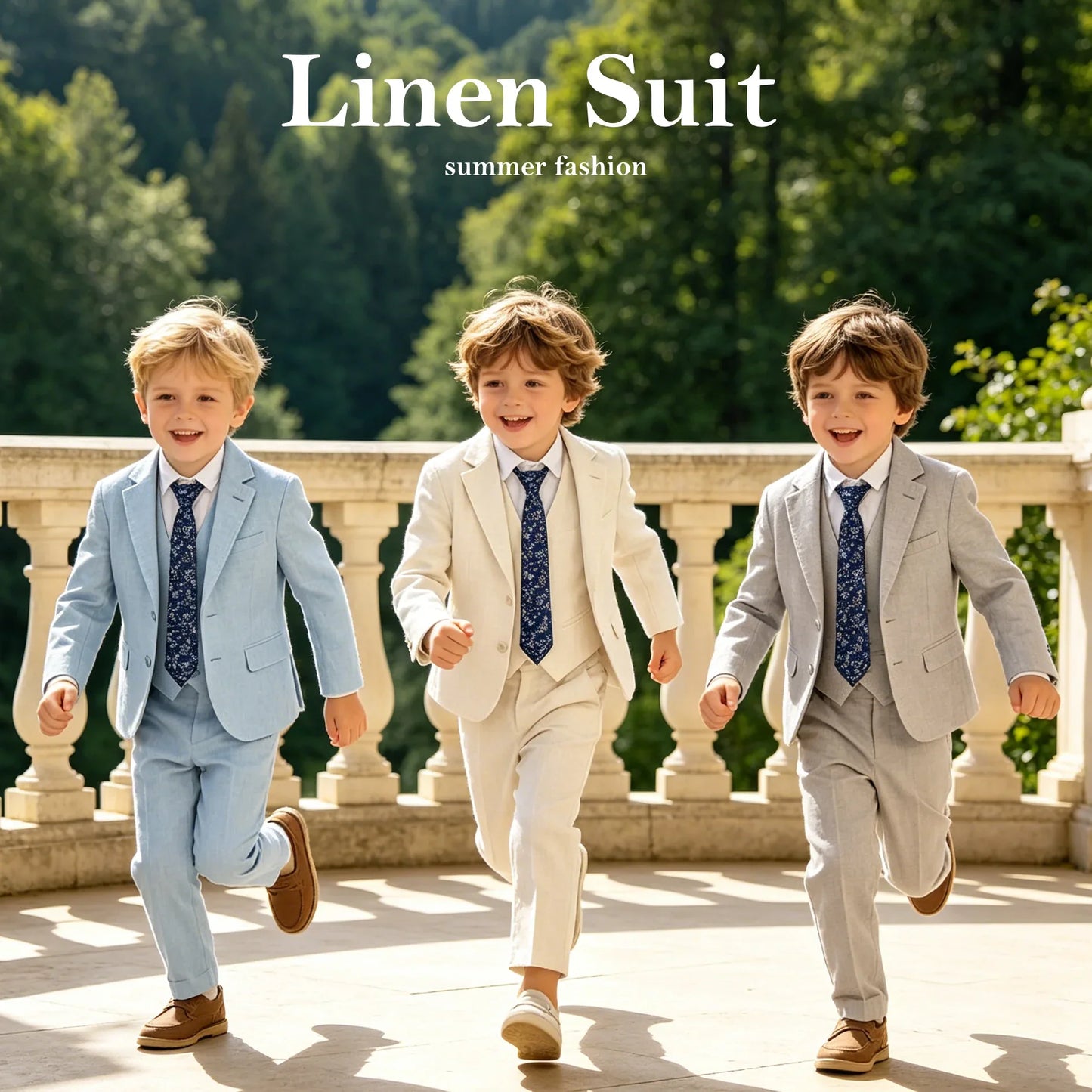 Ship Today Wedding Ring Bearer Page Boy Tuxedo Communion Suit Boy's Formal Linen Suit 4-Piece Jacket Vest Pants Tie Bowtie