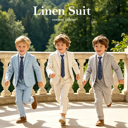 Ship Today Wedding Ring Bearer Page Boy Tuxedo Communion Suit Boy's Formal Linen Suit 4-Piece Jacket Vest Pants Tie Bowtie