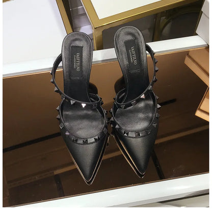 2025 New Genuine Leather Gladiator Pumps Sandals Luxury Metal Rivets Summer Women Outdoor Slippers Black Fashion High Heels 41