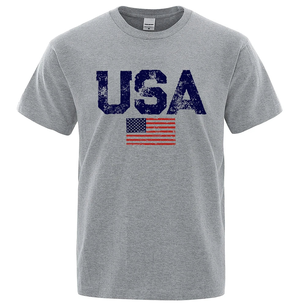 Vintage USA American Flag Print T-Shirt Men Women Patriotic Casual Cotton Tee Summer Outdoor Leisure Fashion Streetwear