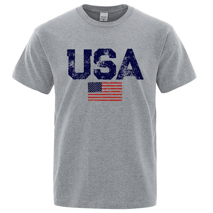 Vintage USA American Flag Print T-Shirt Men Women Patriotic Casual Cotton Tee Summer Outdoor Leisure Fashion Streetwear