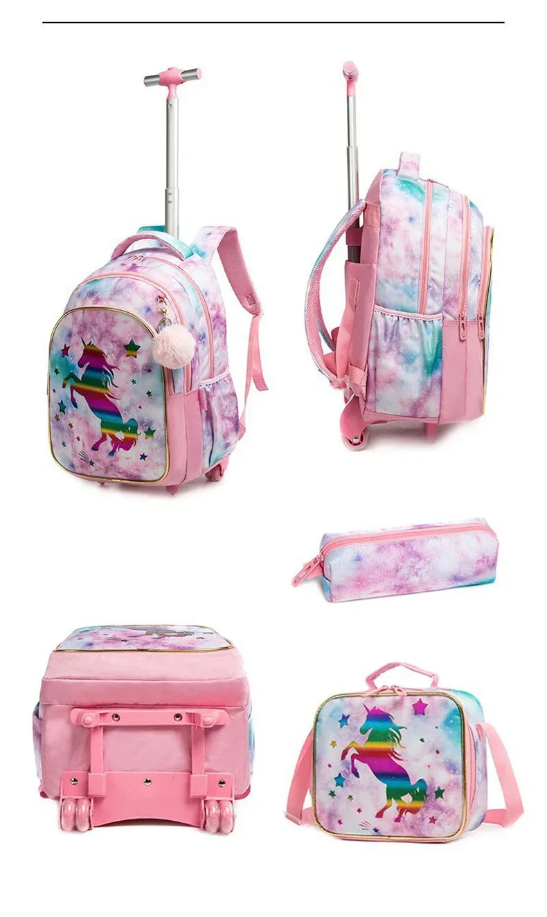 Children's Wheeled Backpack Bag Set with Lunch Box School Rolling Backpack Bag with Wheels School Trolley Backpack Bag for Girls