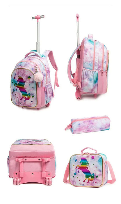 Children's Wheeled Backpack Bag Set with Lunch Box School Rolling Backpack Bag with Wheels School Trolley Backpack Bag for Girls