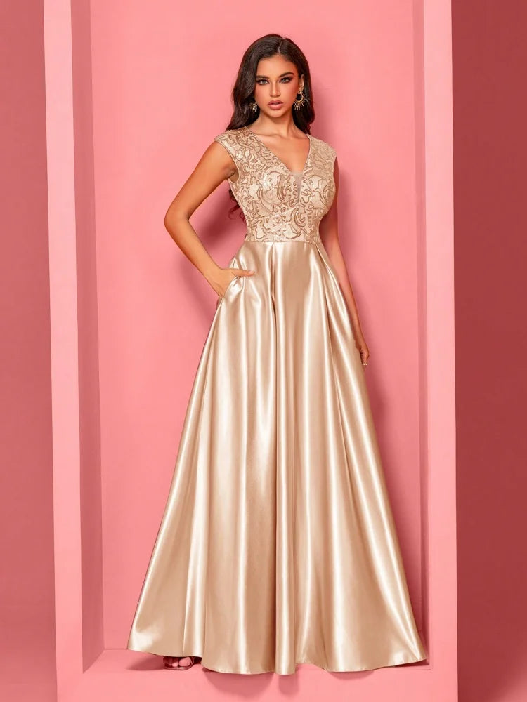 New Luxury Gold Satin V-Neck Sequins Embroidery Formal Evening Dresses Women Long Elegant Wedding Party A-line Cocktail Gowns
