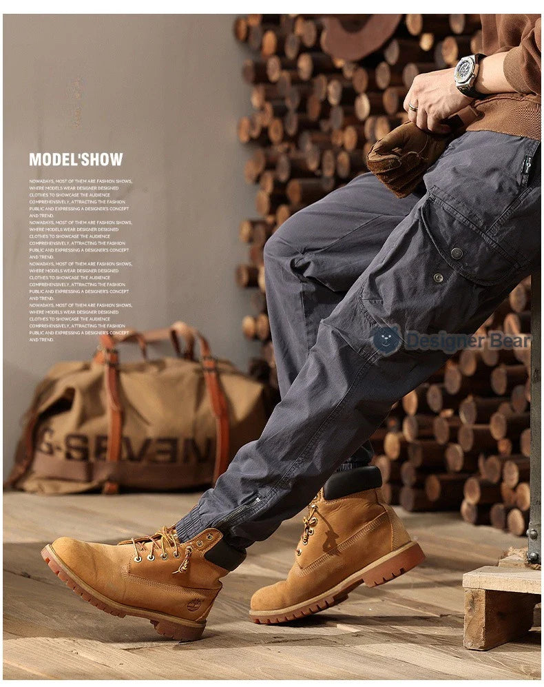 Brand Clothing 2026 Spring Summer Men's Baggy Cargo Pants Multi-Pocket Work Joggers Casual Cotton Tapered Trousers Long Pants