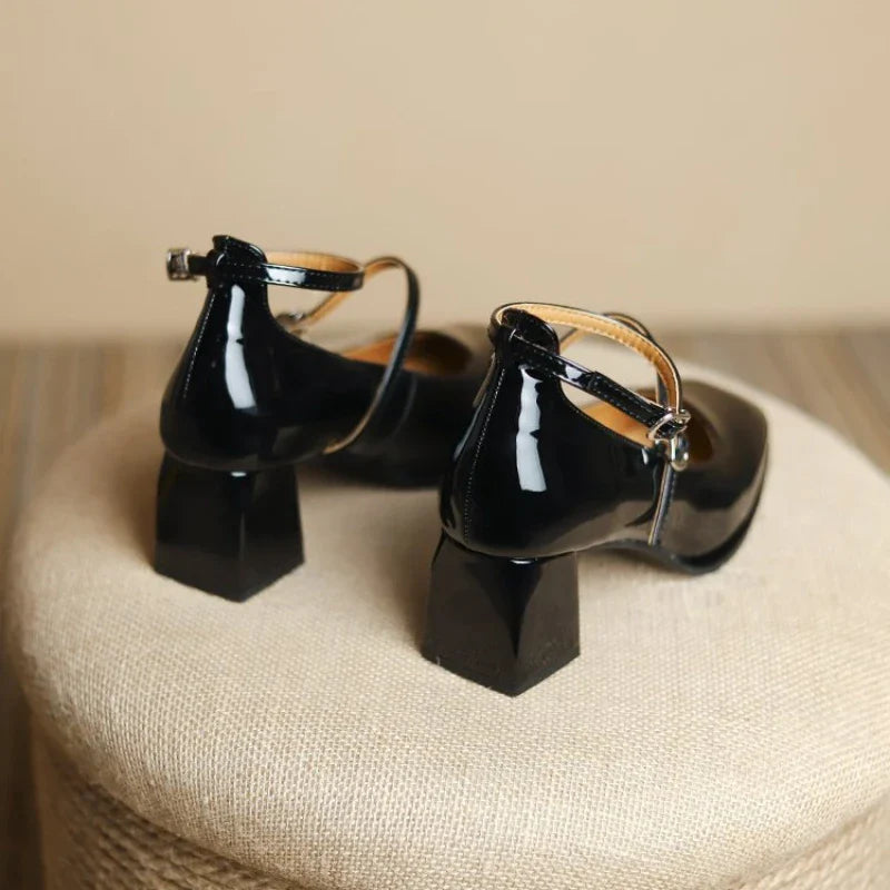 2024 New Mary Jane Shoes High Quality Leather Shoes Shallow Square Toe Womens Sandals Buckle Strap Women's Pumps