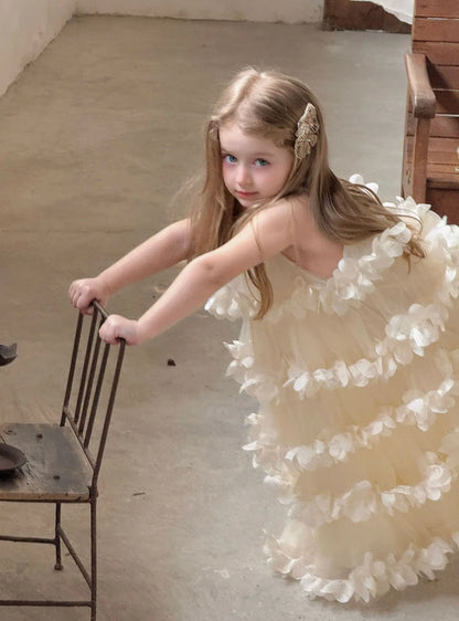 2025 Spring Summer New Children Clothing Girls Neck Hanging Flower Layered Long Dress Korean Children Birthday Princess Dress