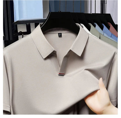 High quality brand solid color V-neck short sleeve polo shirt men summer fashion simple casual ice silk breathable lapel T-shirt