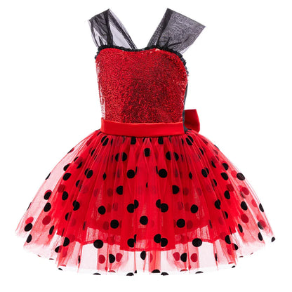 Girl Polka Dot Princess Dress Ladybug Dress Up Fur Ball Headband Black and Red Dress Halloween Cosplay costume Carnival Clothes