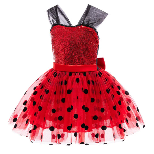 Girl Polka Dot Princess Dress Ladybug Dress Up Fur Ball Headband Black and Red Dress Halloween Cosplay costume Carnival Clothes