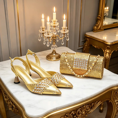 Italian Shoe and Bag Set for Party in Women Ladies Party Shoes with Matching Bag Decorated with Rhinestone Pointed Toe Pumps