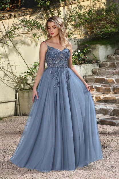 Dusty Blue Soft Shiny Tulle Long Evening Dresses Elegant Appliques Lace Open Back Sexy Prom Formal Party Maxi Gowns