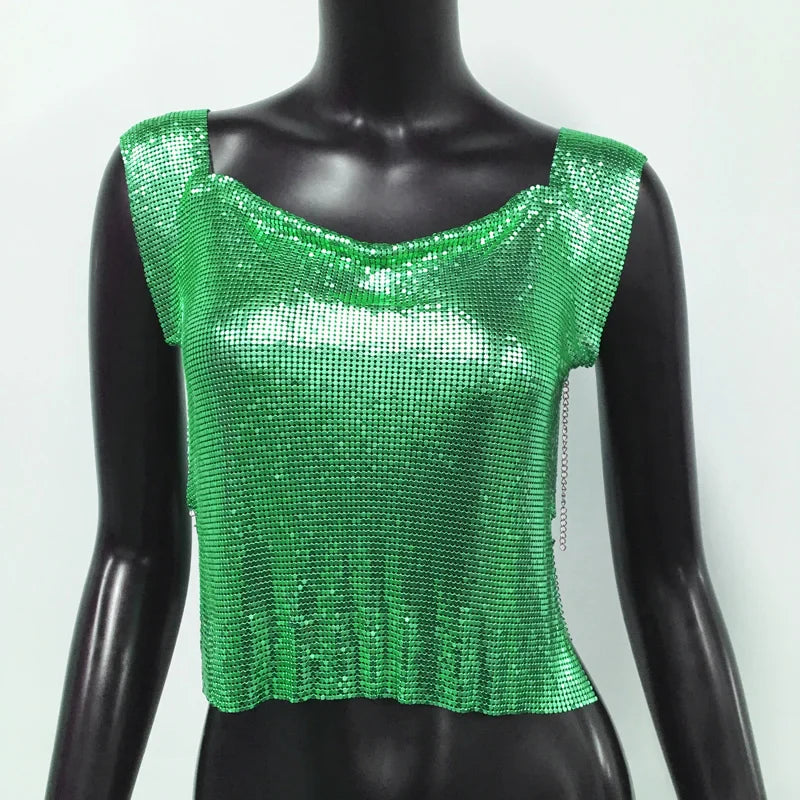Women Metal Sequins Crop Tops Sexy Hollow Out Sleeveless Backless Y2k Tank Tops Nightclub Party Rave Festival Camisole 2023 New