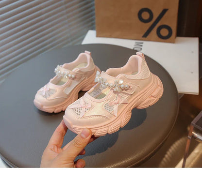 Girls Hollowed-out Mesh Sports Sneakers with Beaded Bow 2026 New Summer Toddler Barefoot Beach Shoes Platform Versatile Sandals