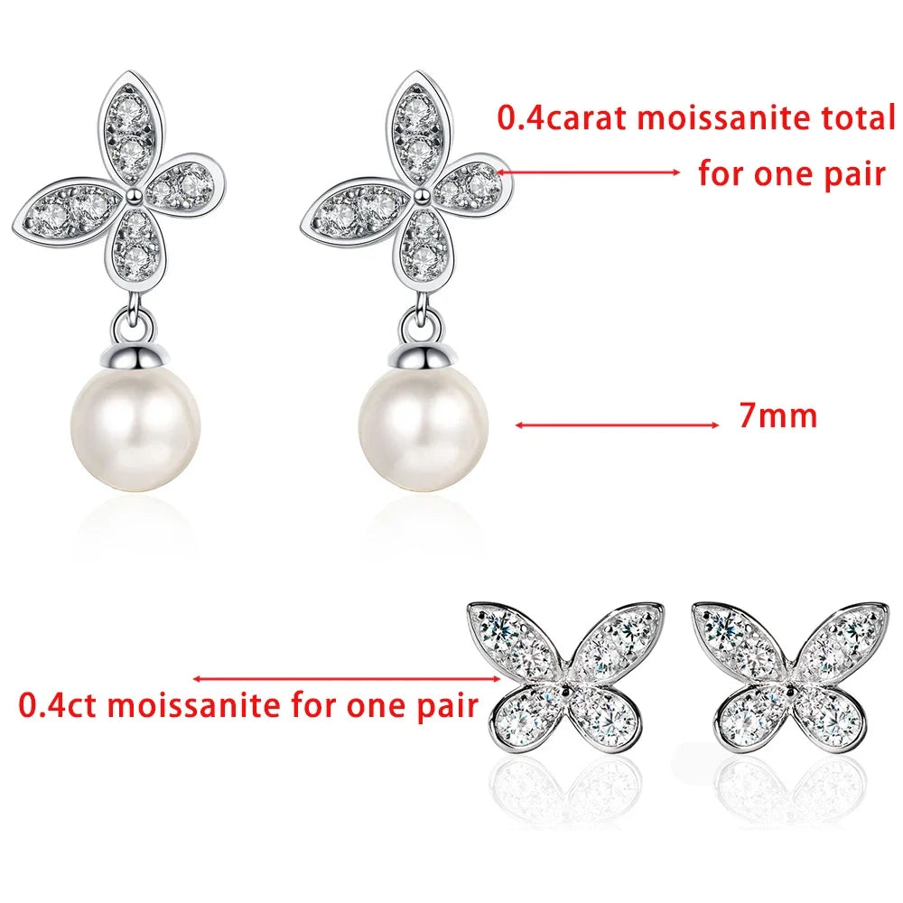 Butterfly Moissanite Diamond Drop Earrings with 8mm Freshwater Pearl 925 Sterling Silver Stud Earring for Women Fine Jewelry