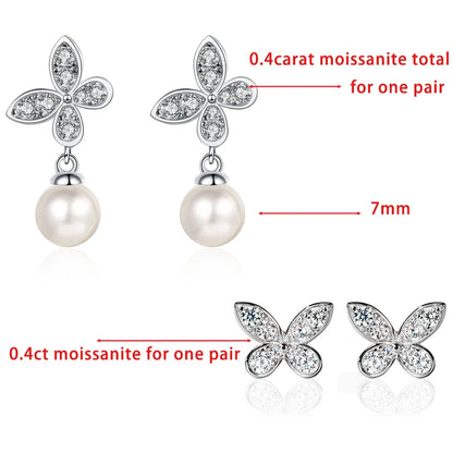 Butterfly Moissanite Diamond Drop Earrings with 8mm Freshwater Pearl 925 Sterling Silver Stud Earring for Women Fine Jewelry