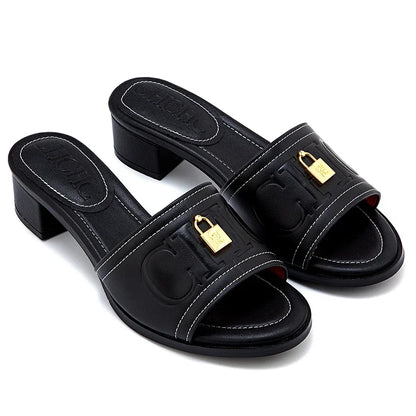 Fashion Monogram Print Elegant Design Women's Low Heeled Slippers Solid Color High Quality Metal Lock Simple Single Shoes