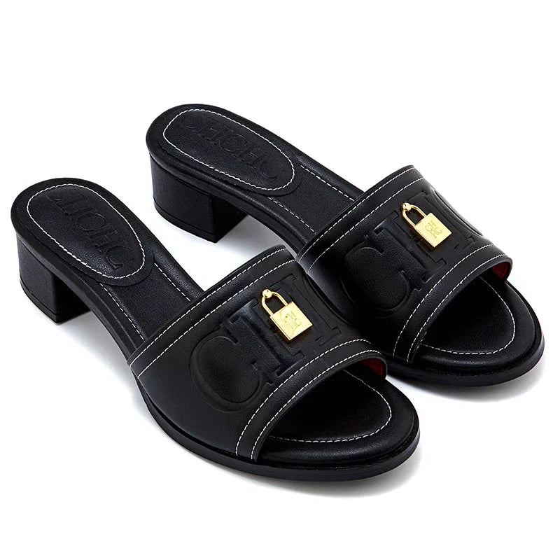 Fashion Monogram Print Elegant Design Women's Low Heeled Slippers Solid Color High Quality Metal Lock Simple Single Shoes