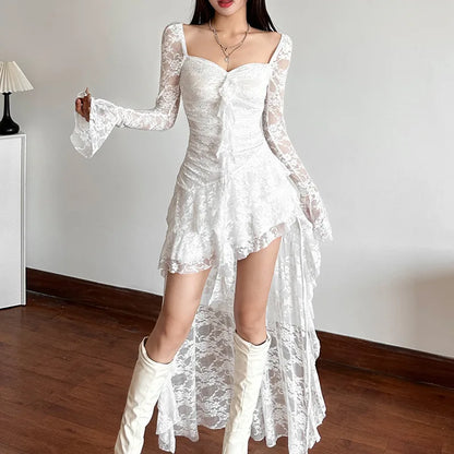 Lace Flare Sleeve Square Neck A-line Dress Sweet E-girl Irregular Long Hem Dresses Cyber Y2K Party Vestido