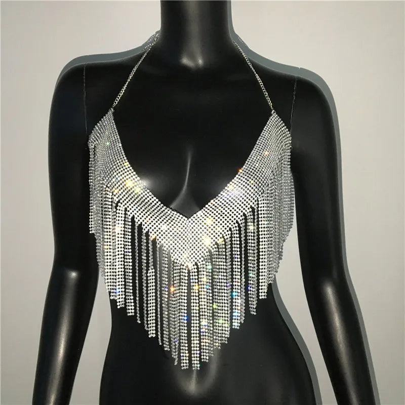 Bling Rhinestones Tassel Party Crop Top Woman Fashion Halter Neck Backless Design Full Diamond Sequins Nightclub Clubwear