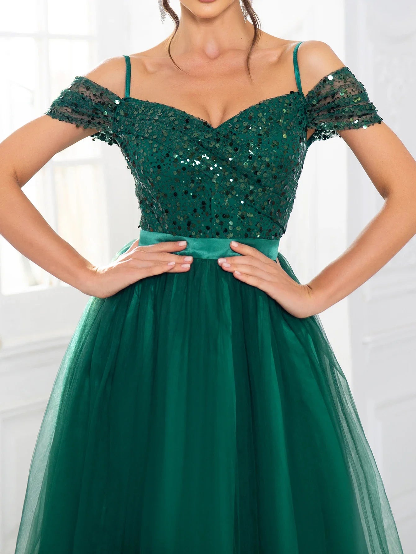 A Line Prom Evening Gown Off the Shoulder Backless Lace Up Sequin Patchwork Mesh Skirt Maxi Dresses for Women