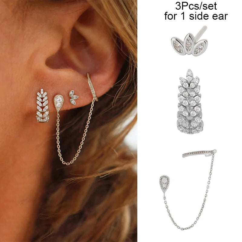 3PCs/set Earrings for 1 Ear Women gold color zirconia Classic Piercing Designer Earring set 2024 Women Jewelry Wholesale