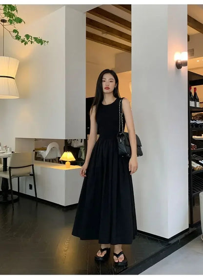 New Vintage Black Tank Top Midi Dress Wedding Dresses for Women Clothing O Neck Office Lady Casual Pockets Women's Clothing