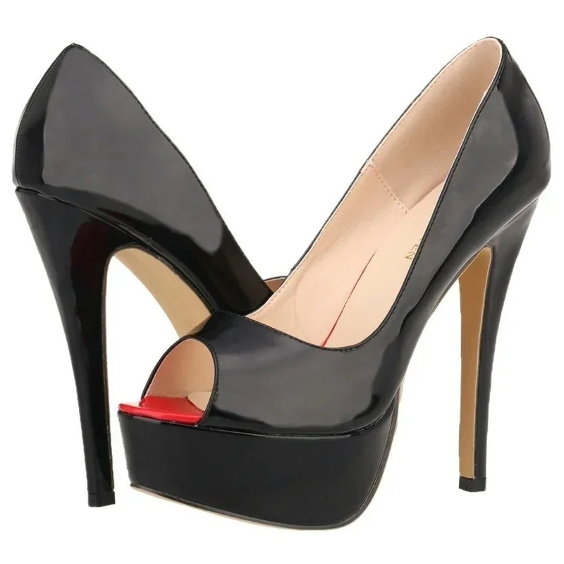 Women Pumps Sexy Peep Toe Platform 14cm Super High Heels Patent Leather Shoes Red Wedding Stilettos Large Size 44