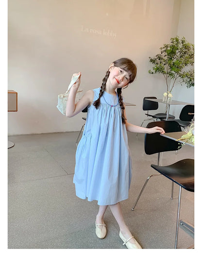 Summer Junior Girl Sleeveless Dress Solid Side Big Pockets Blue Ruched Dress For 2-10Y Girls Casual Round Collar Baby Girl Dress