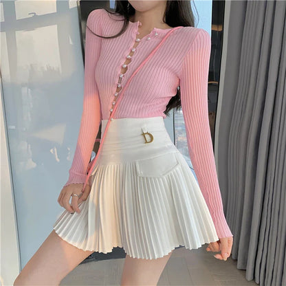 Zwarte Geplooide Rokken Vrouwen Hoge Taille Mini Rok Metalen Letter D Ontwerp A-lijn Clubwear Koreaanse Sexy Streetwear Tonen Ca