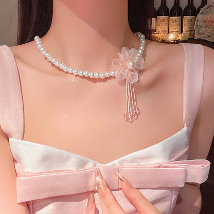 Romantic Niche Pink Sweet Flower Collarbone Chain Versatile Temperament Necklace Women's Pearl Fringe Collarbone Chain