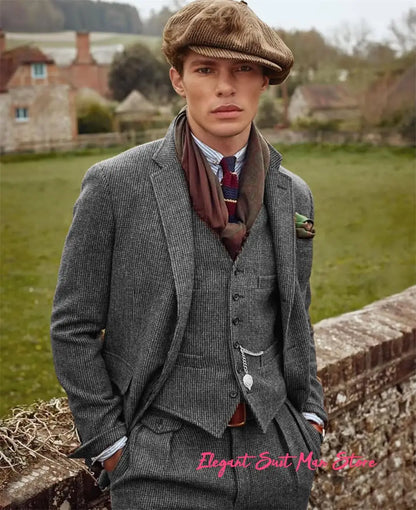 European Retro Wool Blend Men’s 3PC Suit Set Business (Jacket+Pants+Vest)Wedding Part Prom Dinner Wrok Travel Dinner Banquet