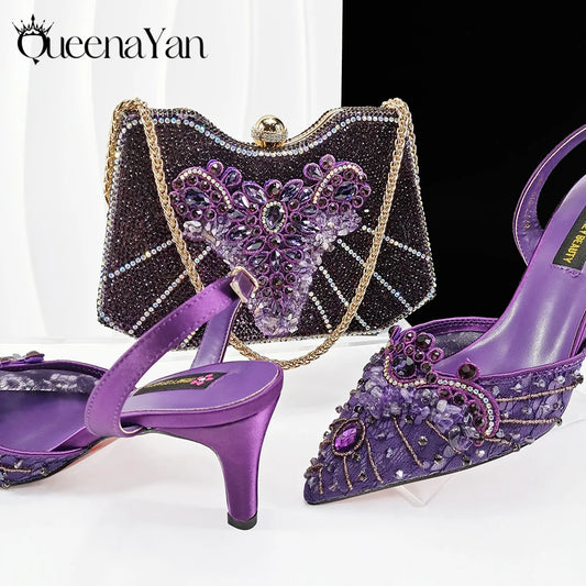 Women High Heel Party For Purple Color Shoes and Bag Set Rhinestone Handbag Italian Design Wedding INS 2025