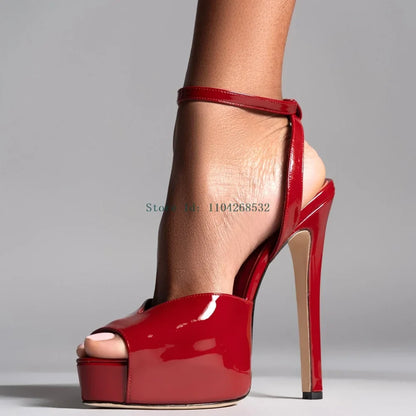 Red Patent Leather Platform High Heels  Stiletto Ankle Buckle Strap Solid New Arrivals Fashion Slingback Buckle Strap Shoes