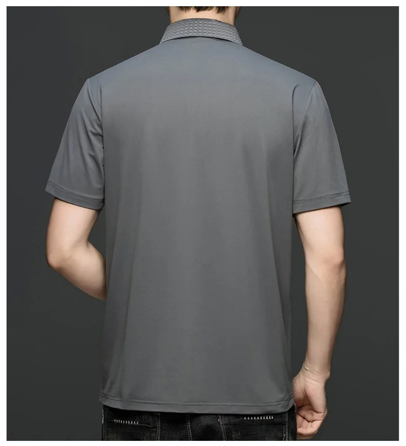 Fashion V-neck short sleeve T-shirt men's summer solid color silky smooth breathable personalized jacquard buttonless polo shirt