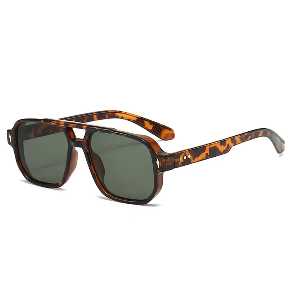 Vintage Double Bridges Men Square Sunglasses Fashion Green Ocean Lens UV400 Eyewear Women Trending Rivets Sun Glasses