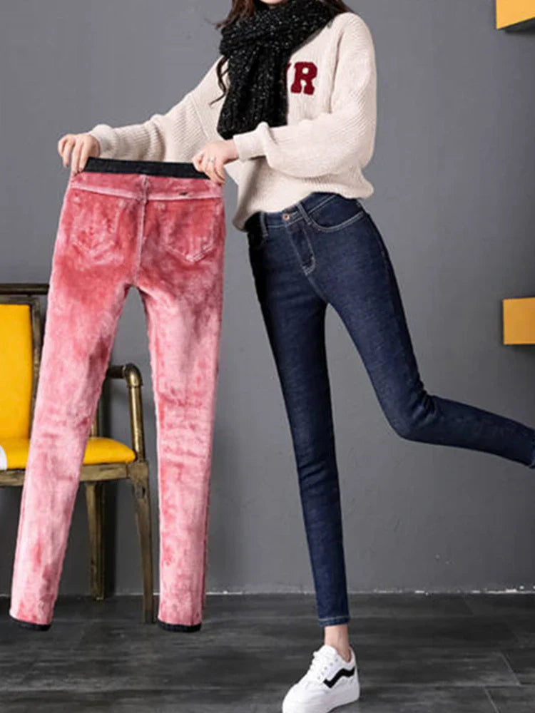 Women's Thick Velvet Jeans, Stretch High Waist Pencil Pants