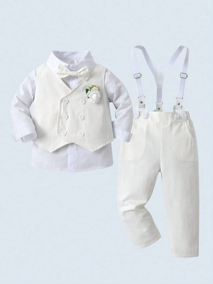 3-Piece Formal Suit Set for Toddler Boys: Shirt, Vest, Pants with Bowtie & Flower Pin