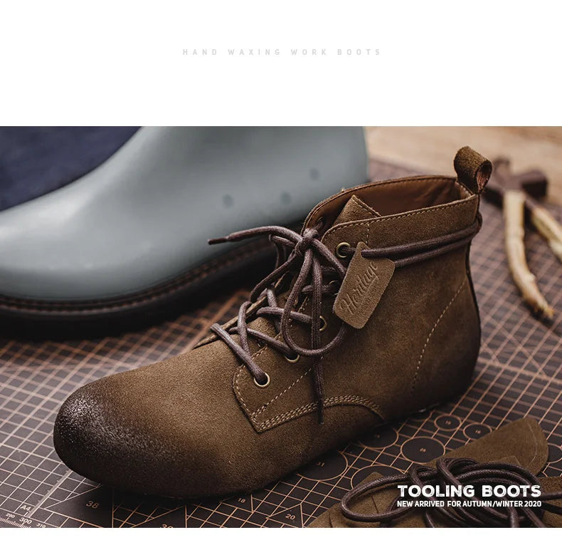 Men's Vintage Split Suede Boots Brown High-Top Work Boots Lace-Up Desert Ankle Rugged Sole Boots Outdoor Winter Fall Shoes